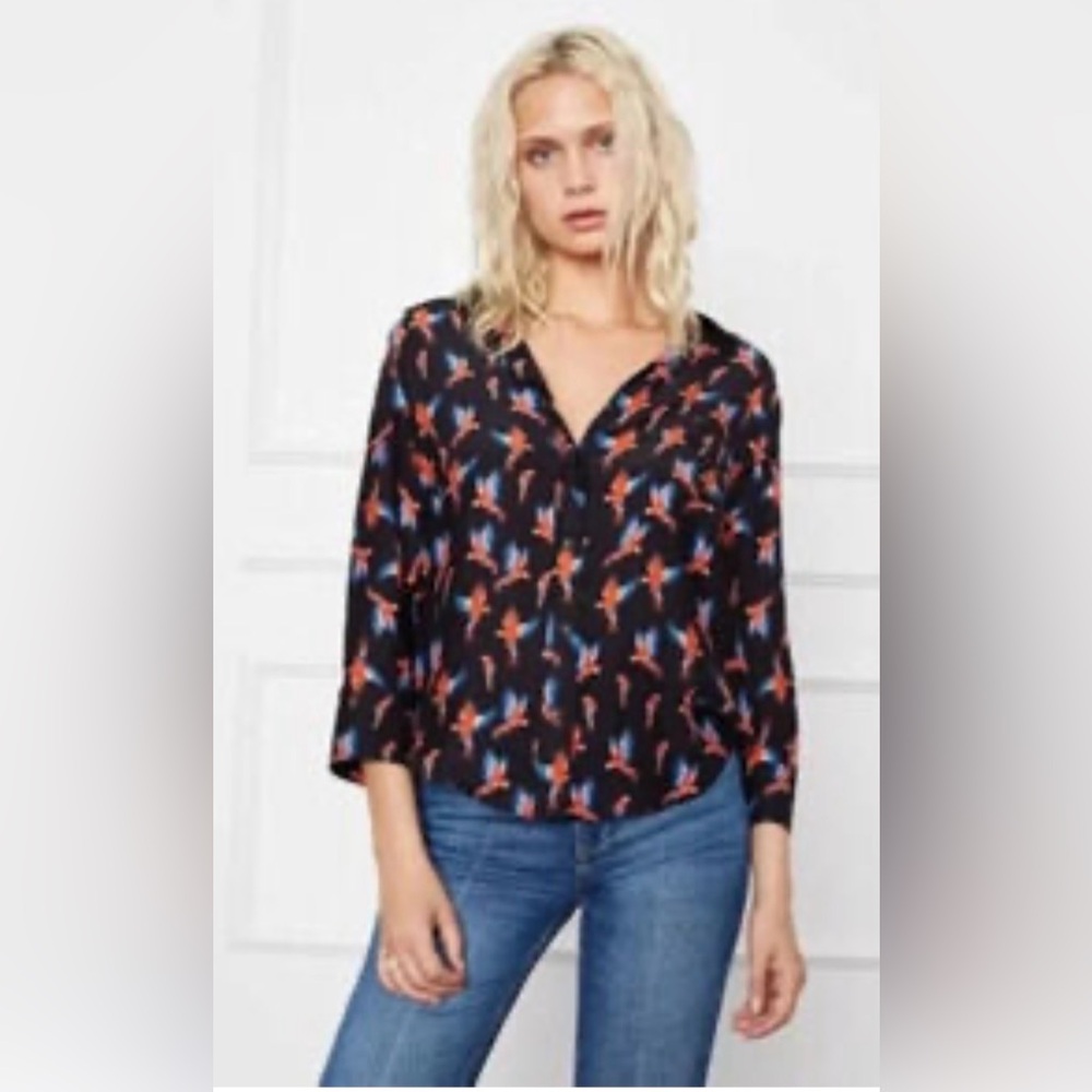ANINE BING PARROT PRINT SILK BUTTON DOWN BLOUSE